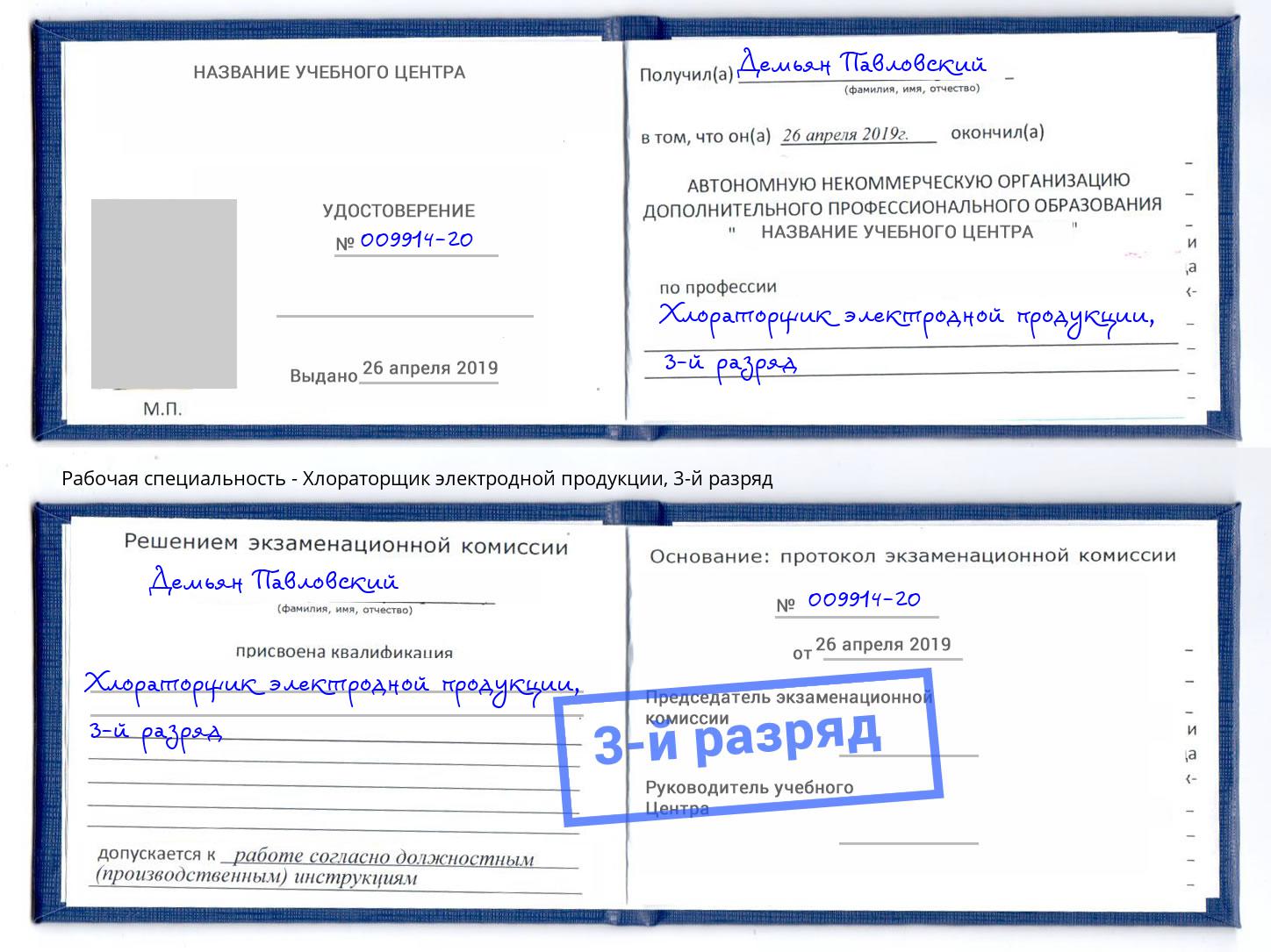 корочка 3-й разряд Хлораторщик электродной продукции Коркино