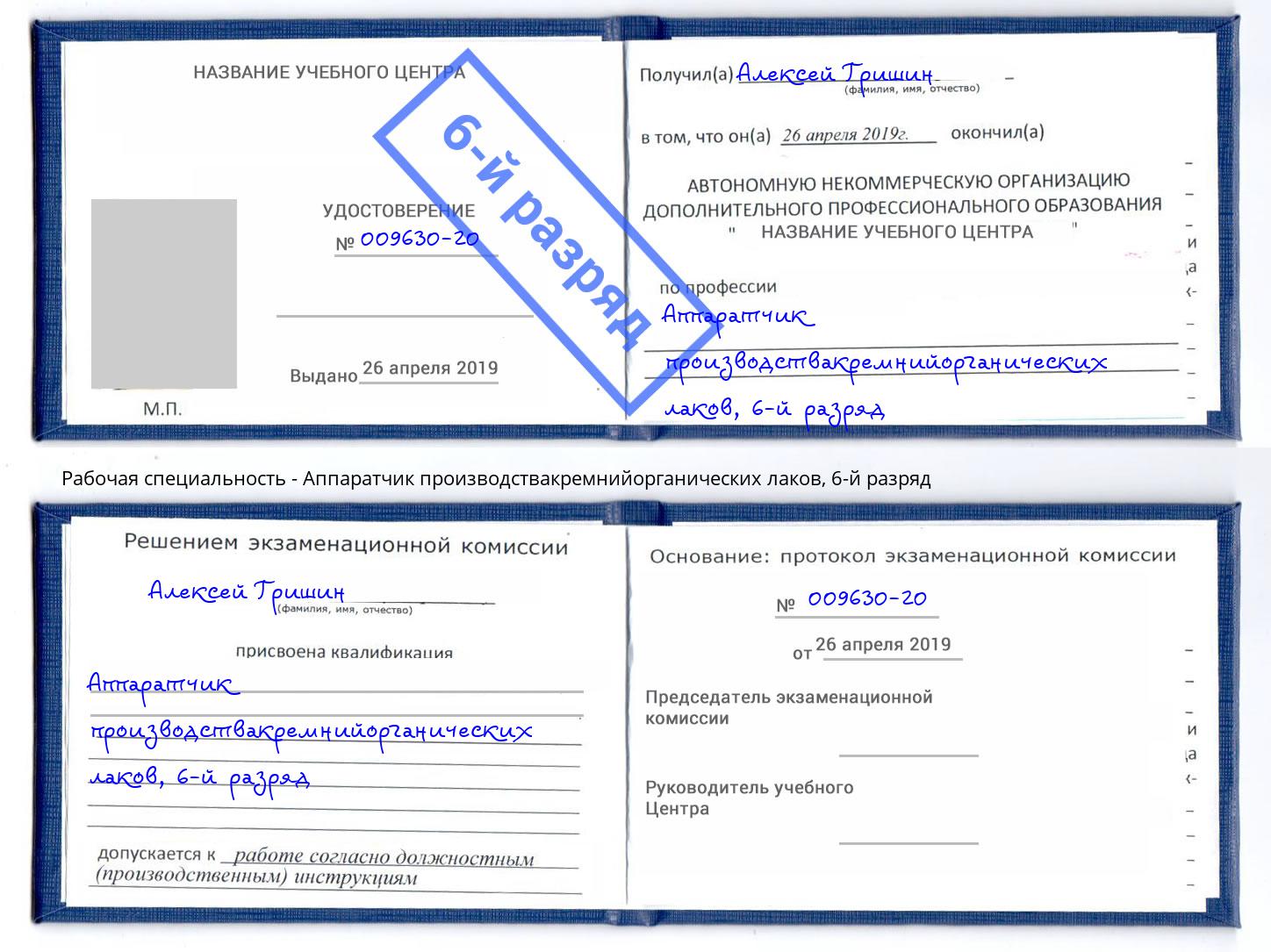 корочка 6-й разряд Аппаратчик производствакремнийорганических лаков Коркино