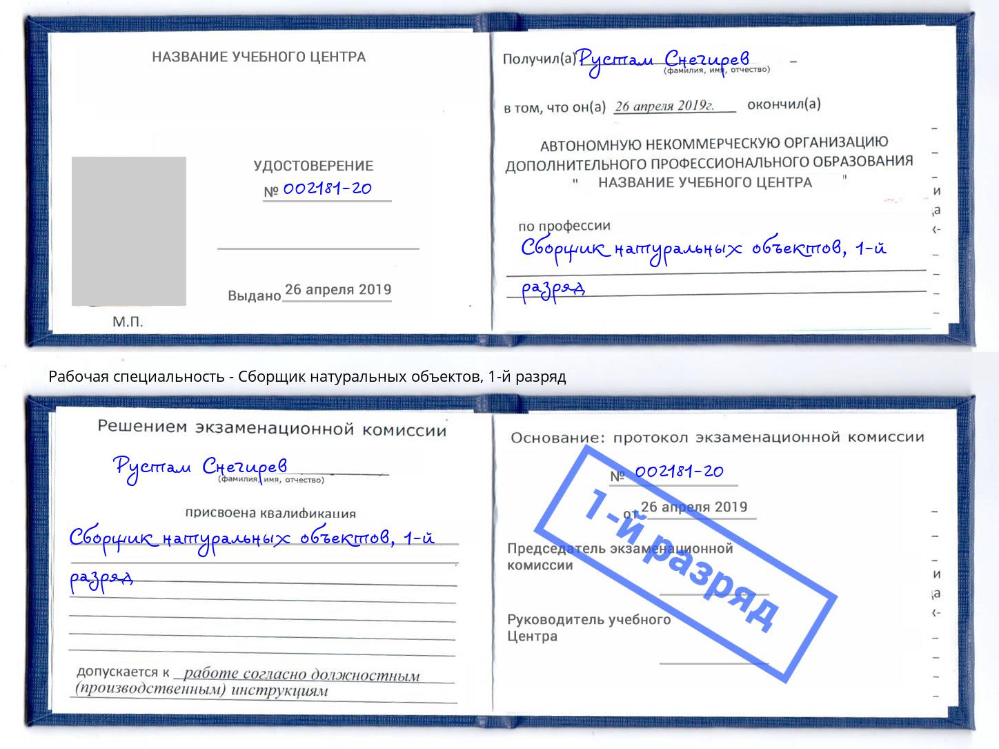 корочка 1-й разряд Сборщик натуральных объектов Коркино